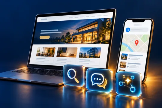 Business website with search, answer and discovery symbols